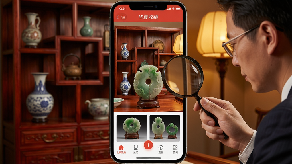 华夏收藏APP手机界面展示,展示古玩瓷器玉器高清图片,背景为古典红木博古架,暖色调灯光,专业鉴定师手持放大镜查看藏品细节,画面底部有APP功能菜单栏,风格写实清晰