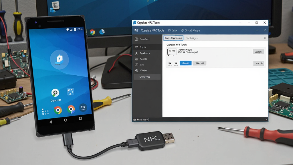 һ����׿�ֻ�ͨ��OTG������һ��USB NFC��������������Ļ��ʾCopykey NFC Tools������˹������棬���ڽ������ݶ�ȡ���������汳��Ϊ����̨������˿���͵���Ԫ������Χרҵ��