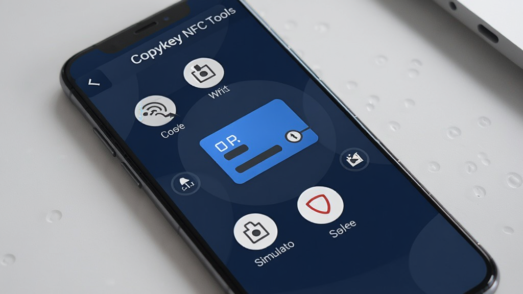 һ�������ֻ���Ļ��д����Ļ��������ʾCopykey NFC Tools���������棬����������ɫΪ��ɫ����������һ��ģ�����ɫ�Ž���ͼ������Χ�����Ŷ�ȡ��д�롢ģ���Բ�ι���ͼ�꣬����Ϊǳ��ɫ���棬��������������ִ���ࡣ