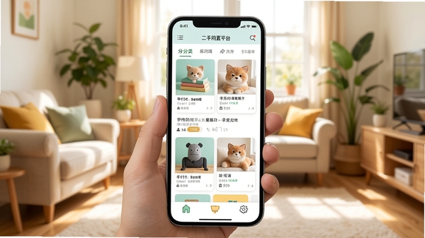 二手闲置转平台APP界面展示,手机中显示商品列表与分类图标,背景为明亮温馨的居家环境,突出闲置物品交易主题,扁平化设计风格,色彩清新明快