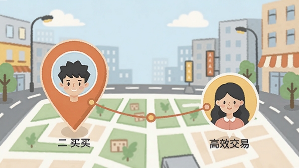 二手闲置转平台同城交易场景插画,地图上有定位标记,连接买卖双方头像,背景为城市街道简笔画,体现近距离交易的高效便捷