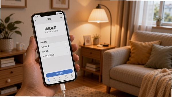 二手闲置转平台使用场景示意图,手机连接充电线,屏幕显示清理缓存设置界面,背景为温馨的房间一角,强调解决卡顿闪退问题后的流畅体验