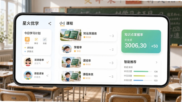 �ǻ���ѧAPP�����棬չʾ�����Ŀγ��б��������Ƽ���飬���������¼�࣬�ʺ���Сѧ����ѧϰ��������Ļ���С�����ѧϰ�ƻ����͡�֪ʶ�������ʡ��ȿ��ӻ����ݿ�Ƭ