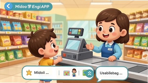 һ��չʾMidooѧӢ��APP�龰�Ի�����Ľ�ͼ�������к��Ӱ��ݵĽ�ɫ�ڳ����뿨ͨ����Ա�Ի�����Ļ�·��жԻ�ѡ�����ݣ������Ǳ���ĳ��л��ܣ�ɫ�����������й��¸С�