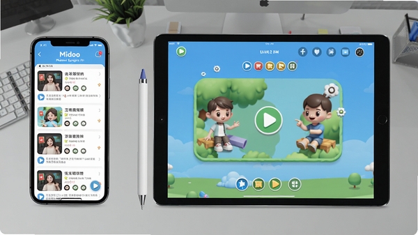 һ��չʾMidooѧӢ��APP���ֻ���ƽ�������еĶԱ�ͼ������ֻ�������ʾ�γ��б����Ҳ�ƽ�������ʾ������Ϸ������Ϊ��������������ֶ��豸�����ԡ�