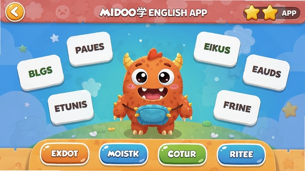 һ��չʾMidooѧӢ��APP���ʴ��ؽ���Ľ�ͼ������������һ���ɰ��Ŀ�ͨС���ޣ���ΧƯ���ŵ��ʿ�Ƭ���ײ����ĸ�ѡ�ť������ɫ�����ޣ�����ͯȤ�����Ͻ���ʾ���ǵ÷֡�
