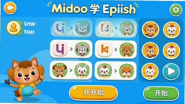 һ��ɫ�������Ķ�ͯӢ��ѧϰ���������ͼ��չʾMidooѧӢ��APP�Ŀ�ͨ��ɫ�뻥���γ̣����������ĸ��Ƭ�Ϳɰ�����ͼ�꣬�����ã��ʺ϶�ͯ������UI���Բ����ɫ��Ϊ��ɫ�ͻ�ɫ������չʾ�γ��б��Ϳ�ʼ��ť��