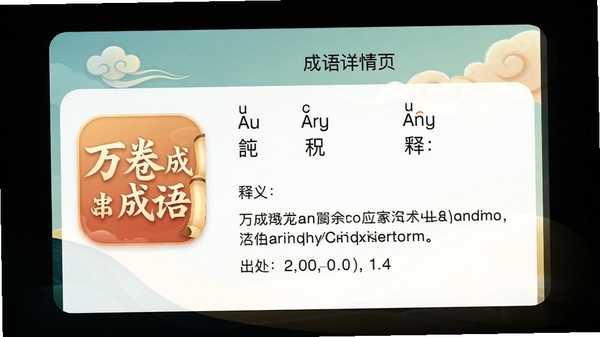 万卷成语APP的成语详情页,显示拼音、释义、出处,界面清晰,色彩柔和,带有“万卷成语”品牌标识