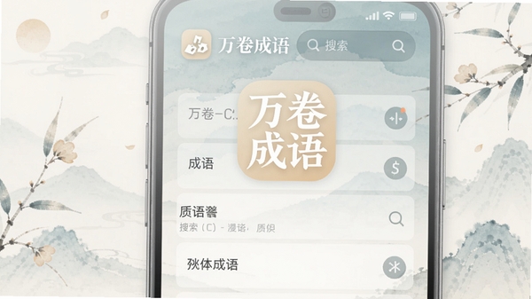 万卷成语APP界面截图,展示成语列表和搜索框,风格简约现代,背景淡雅,突出“万卷成语”Logo