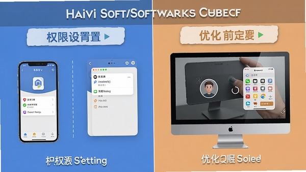 Haivivi软件在手机和电脑上运行的对比示意图,强调权限设置和优化选项