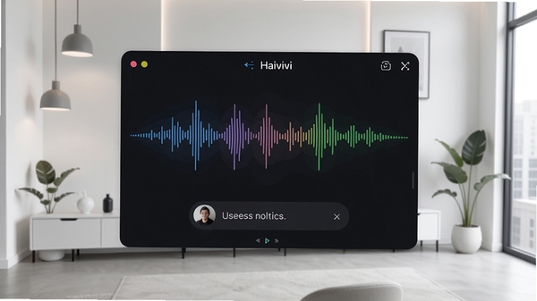 Haivivi软件语音对话界面,显示声波动画和用户指令,背景为现代简约风格