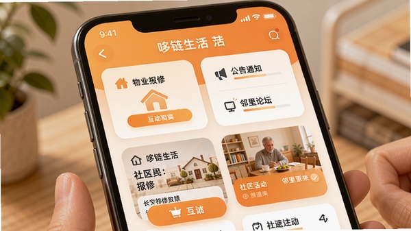 ��������APP���������ܽ��棬չʾ��ҵ���ޡ�����֪ͨ��������̳��ģ�飬�ֻ�������ƣ�ůɫ�����䣬ͻ��������ť���������Ƭ�������������ʺϹ���չʾ��