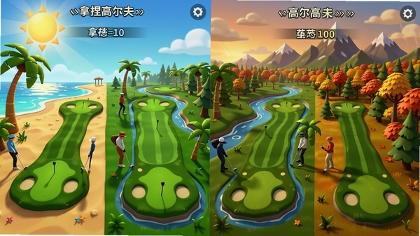 一张《拿捏高尔夫》游戏内不同球场的对比图,左侧是阳光沙滩风格,右侧是秋色山林风格,展示丰富场景,画质清晰,色彩绚丽。