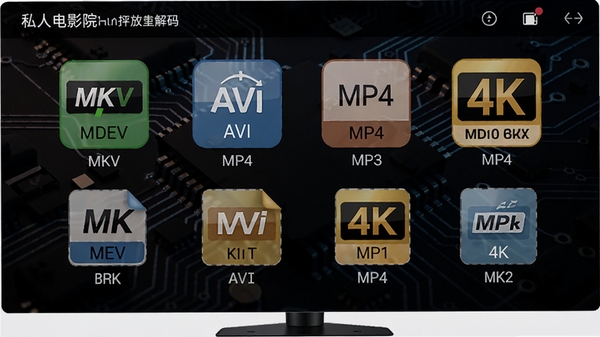 ˽�˵�ӰԺ���岥�����������ý��棬��ʾ֧�ֶ�����Ƶ��ʽͼ�꣬��MKV, AVI, MP4, 4K�ȣ�����Ϊ�Ƽ��е�·������