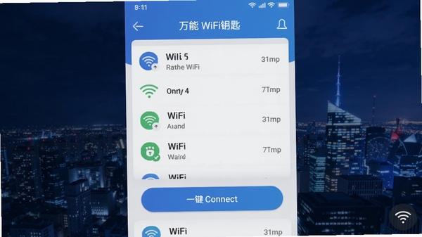 ����WiFiԿ��Ӧ�ý����ͼ��չʾ����WiFi�б���һ�����Ӱ�ť��������ִ�������Ϊ����ҹ������ɫ��Ϊ��