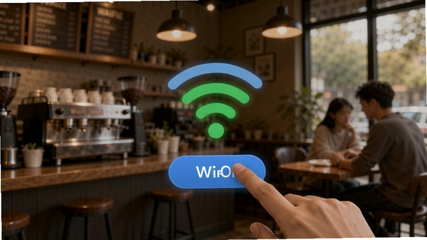����WiFiԿ��һ�����ӹ�����ʾͼ����ָ������Ӱ�ť��WiFi�ź�˲�����񣬱���Ϊ���ȹݻ�����ůɫ��