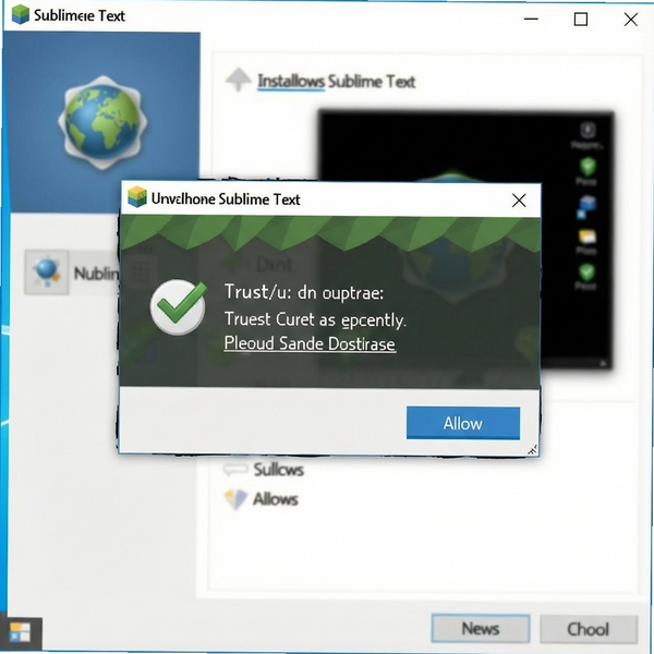 一张示意图,展示在Windows系统中安装Sublime Text时,杀毒软件弹出信任提示,用户点击“允许”,背景为安装向导界面。