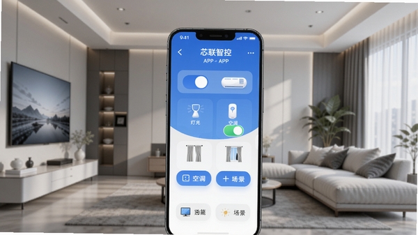 һ��չʾо���ǿ�APP����ĸ�����Ⱦͼ������Ϊ�ִ���Լ�����ܿ������ֻ���Ļ����ʾ��ͬ�豸���ƹ⡢�յ������������������ƿ����볡��ģʽ��ť���Ƽ���ʮ�㣬����������ͣ�ɫ��������Ϊ����ͻ�����ܡ���ݡ���Ч�ĸо���