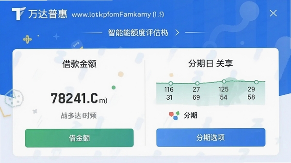 万达普惠智能额度评估功能截图,显示借款金额与分期选项