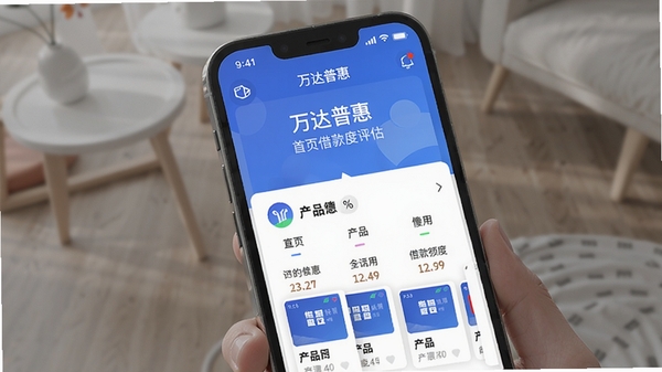 万达普惠APP界面展示图,展示首页借款额度评估与产品列表