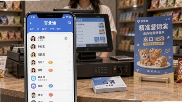 百业通APP的会员营销功能演示,手机屏幕显示会员列表与标签分组,背景是店内收银台场景,桌面有会员卡和促销海报,突出精准营销主题