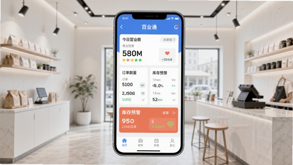 一张展示百业通APP在智能手机上运行的主界面截图,界面清晰显示今日营业额、订单数量及库存预警等核心数据看板,背景为现代简约风格的店铺环境,整体色调明亮专业