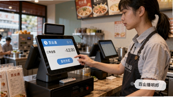 百业通APP的收银结算页面,显示订单金额、支付方式选择按钮和语音播报提示,背景为小吃店收银台,店员正在操作设备,体现快捷高效的收银体验