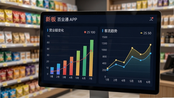 百业通APP的智能经营看板功能特写,屏幕上展示着彩色柱状图和折线图,分别代表近一周的营业额变化与客流趋势,图表数据清晰,背景为模糊的店铺货架,突出数据可视化效果