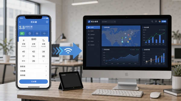 一张示意百业通APP在手机和电脑端同步使用的场景图,左侧是手机收银界面,右侧是电脑端数据显示大屏,中间有数据同步的箭头连接,背景为办公室环境