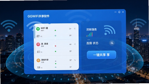GGWiFi��������������չʾ����ʾWiFi�б����ź�ǿ�ȡ�����״̬�Լ�һ��������ť���������ִ�����ɫ����ɫ��������Ϊ����ҹ���е�WiFi�źŸ���ʾ��ͼ��������Ƽ���ǿ��ɫ������������