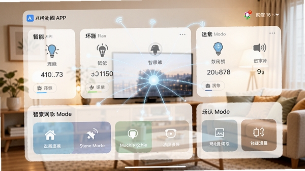 һ���ִ����ܼҾӵĿ��ƽ����ͼ��չʾAI����ȦAPP���Ǳ��̣���������豸��Ƭ�ͳ���ģʽ��ť����������ܰ�Ŀ���������UI��Ƽ��������ͻ�����ܻ��������⡣
