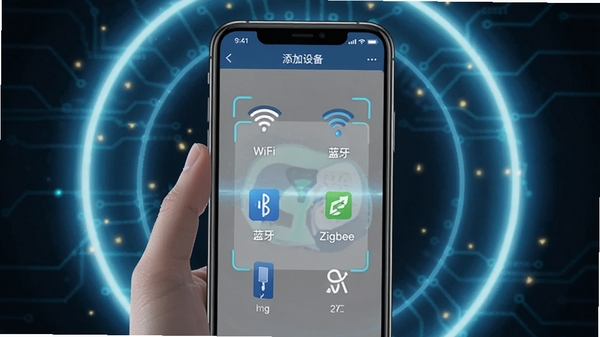 չʾAI����ȦAPP�ġ������豸��ҳ�棬�ֻ�ɨ�����ʶ�𵽶���Э�����͵��豸����ͼ������ֱ�עWiFi��������Zigbee�ȣ�����Ϊ�Ƽ��еĹ�Ȧ��
