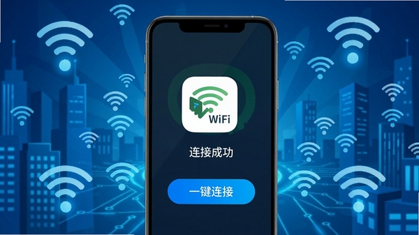 һ��չʾwifi������������Կ�����ֻ���Ļ����ʾ�����ӳɹ����Ľ����ͼ����Χ�ǳ���WiFi�ȵ㸲�ǵĳ��󱳾�����ɫ�Ƽ���ɫ��������������ͻ������ͼ���롰һ�����ӡ���ť��