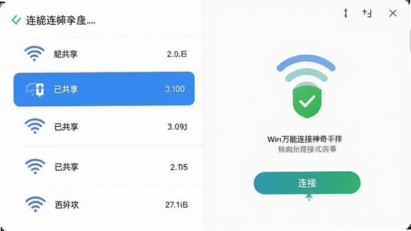 չʾwifi������������Կ�������棬�б���ʾ���WiFi�źţ�����һ�����Ϊ���ѹ���������������ӡ���ť��������Ӷ����������࣬��ɫ��ȫ��ʾͼ�ꡣ