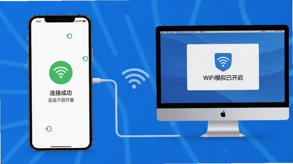 һ���ֻ����������ͬһ��WiFi�ĶԱ�ʾ��ͼ������ֻ���Ļ��ʾ���ӳɹ����Ҳ����ģ����������ʾ��WiFiģ���ѿ���������ɫ���������Ƽ��硣