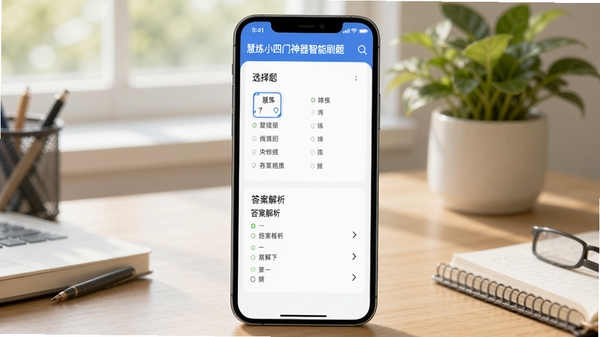 慧练小四门神器智能刷题界面,显示选择题与答案解析,手机界面风格简洁,背景为书桌与绿植