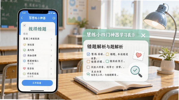 慧练小四门神器学习界面展示,手机屏幕显示刷题与错题解析功能,背景为教室或书桌场景,风格清新明亮