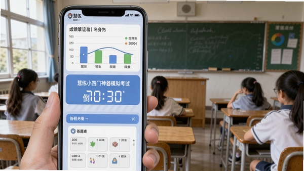 慧练小四门神器模拟考试界面,显示倒计时与答题卡,手机屏幕上方有成绩统计图表,背景为教室