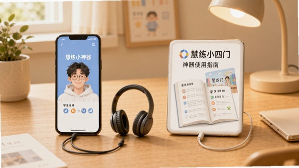 慧练小四门神器使用指南示意图,手机连接耳机与学习资料,背景为整洁书桌,色调温馨