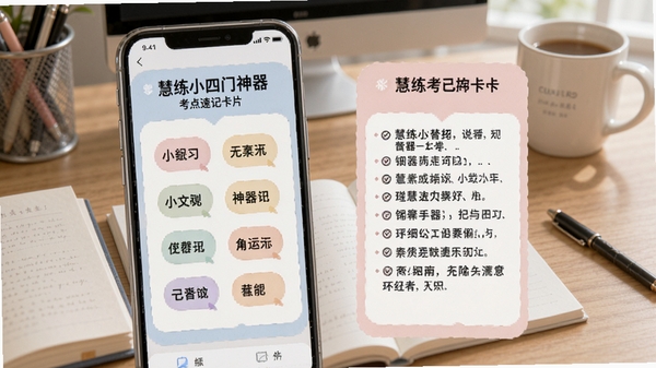 慧练小四门神器考点速记卡片,卡片正面显示知识点关键词,背面显示详细内容,手机界面色彩柔和,背景为学习桌