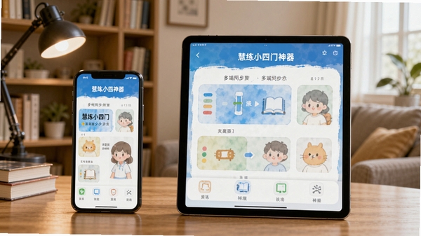 慧练小四门神器多端同步示意,手机与平板并排显示相同学习界面,背景为居家书房环境