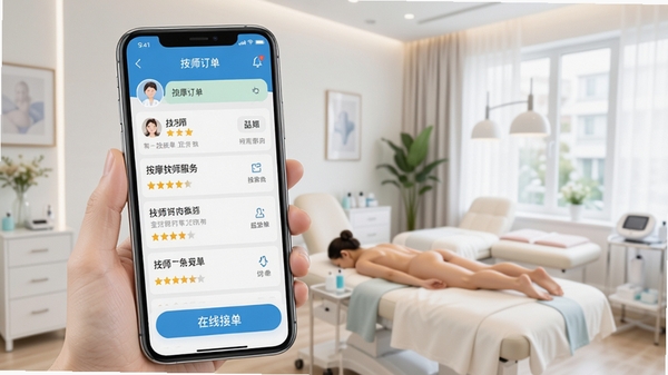 һ�������ֻ���Ļչʾ��Ħ��ʦ�ӵ�����APP���棬�������������ķ��񶩵��б�����ʦ�Ǽ����ֺ����߽ӵ���ť�������Ǹɾ��������ִ������һ�����ͻ��רҵ���Ч�������ʸ�ϸ�壬ɫ������