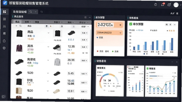 领智服装鞋帽销售管理系统主界面截图,展示商品列表、库存预警、销售看板等核心功能模块,界面现代简洁,数据图表清晰