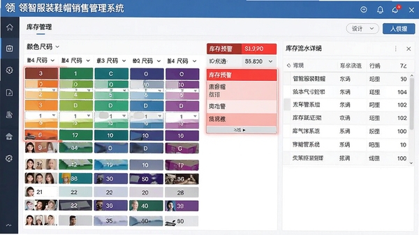 领智服装鞋帽销售管理系统库存管理界面,展示颜色尺码矩阵,库存预警红色高亮,库存流水明细清晰可见