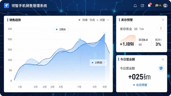 领智手机销售管理系统主界面仪表盘,展示销售趋势图表、库存预警和今日营业额,界面现代简洁,数据可视化,科技感蓝色调,高清截图