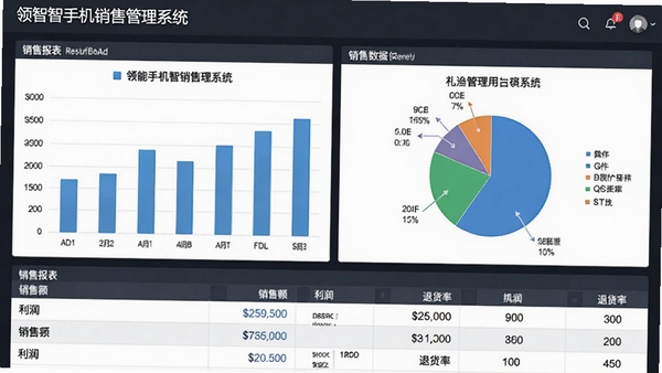 领智手机销售管理系统销售报表页面,展示柱状图、饼图和详细数据表格,包含销售额、利润、退货率等指标,商业智能风格,高清截图