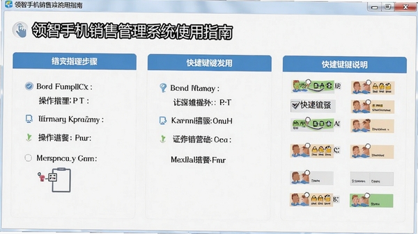 领智手机销售管理系统使用指南界面,展示操作步骤和快捷键说明,图文并茂,软件界面风格,高清截图