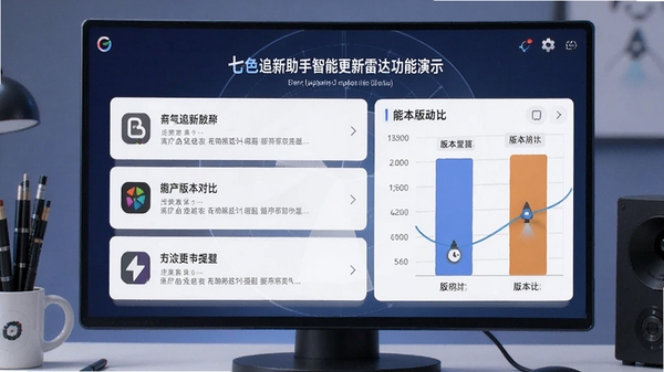 七色追新助手智能更新雷达功能演示,界面显示多款软件更新提醒与版本对比