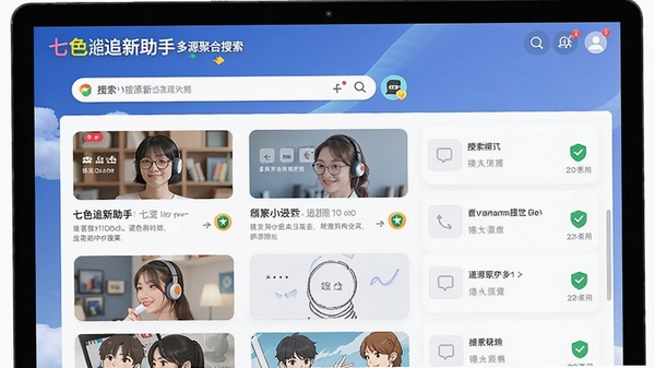 七色追新助手多源聚合搜索界面,展示搜索结果列表与安全标识