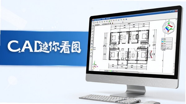 Create a high-quality promotional banner for CAD迷你看图 software on a PC screen, showing a complex architectural floor plan in DWG format, with clean UI interface, blue and white color scheme, professional and modern design, 3D rendering style, high resolution, text 'CAD迷你看图' prominent on the left side